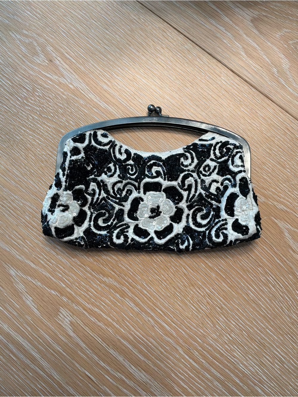 White House Black Market Black & White Beaded Floral Frame Clutch